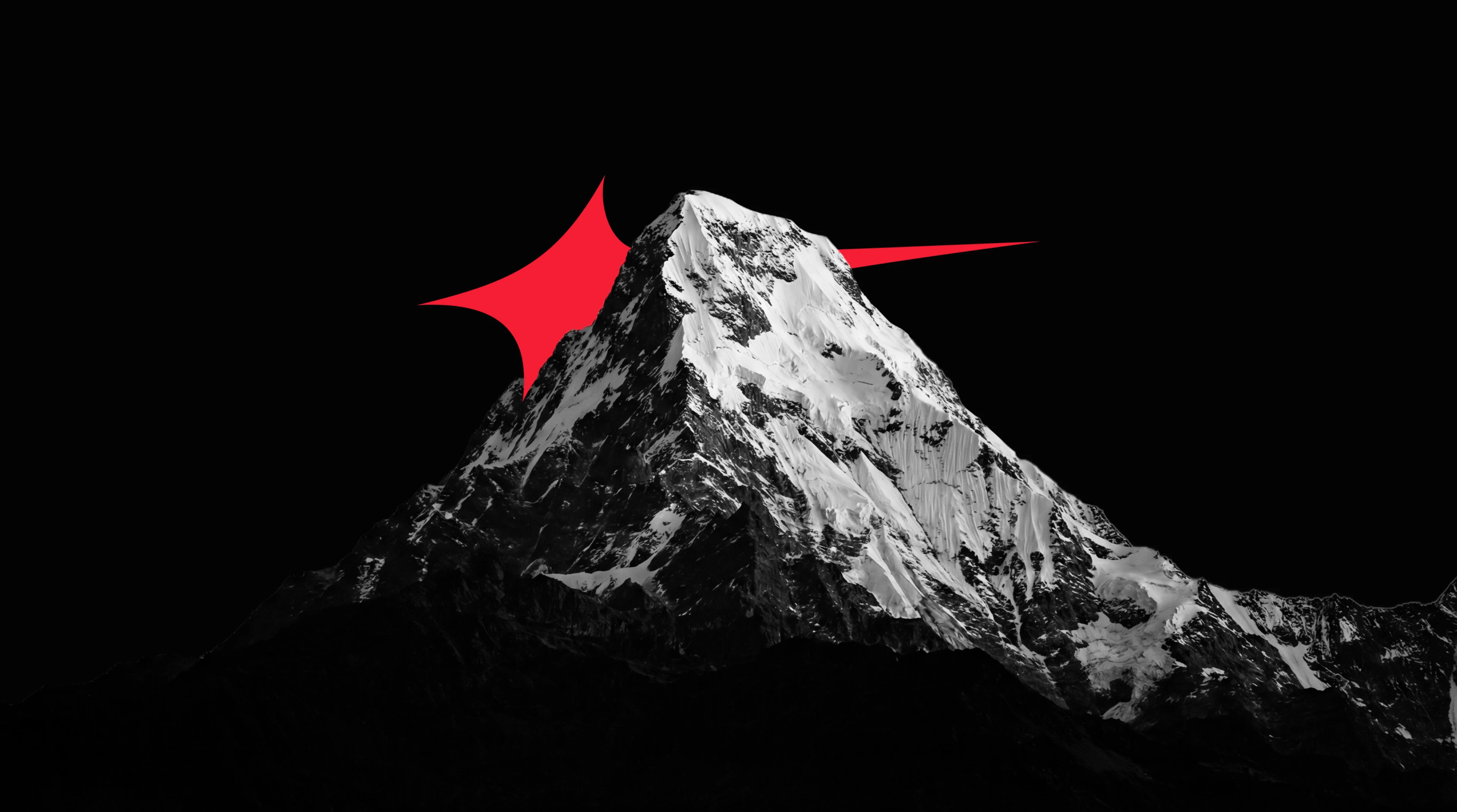 High-contrast black and white photography of a snow-capped mountain peak against a dark background,