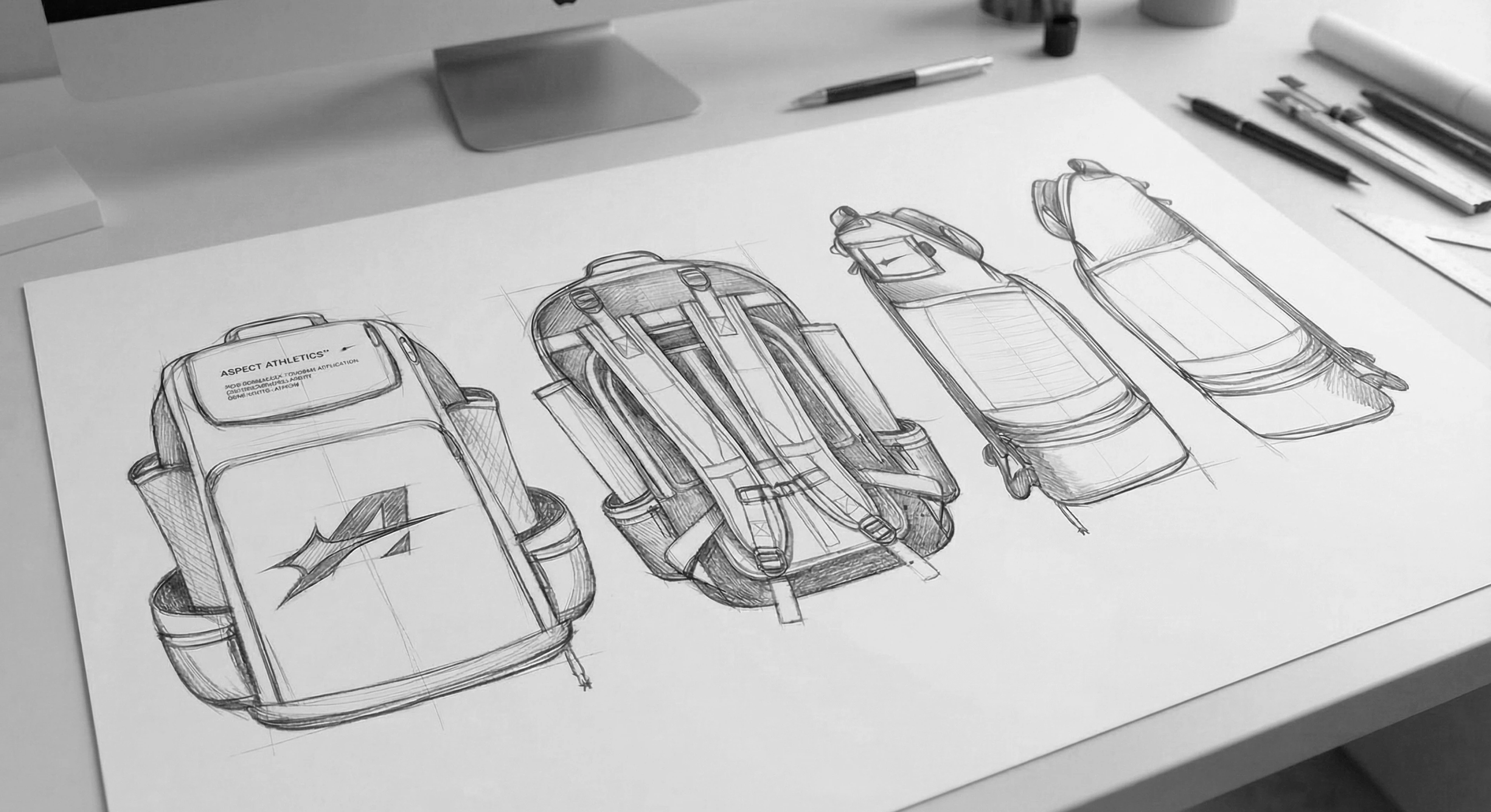 Detailed pencil sketches of a tactical backpack design on a white sheet of paper, showing front, bag