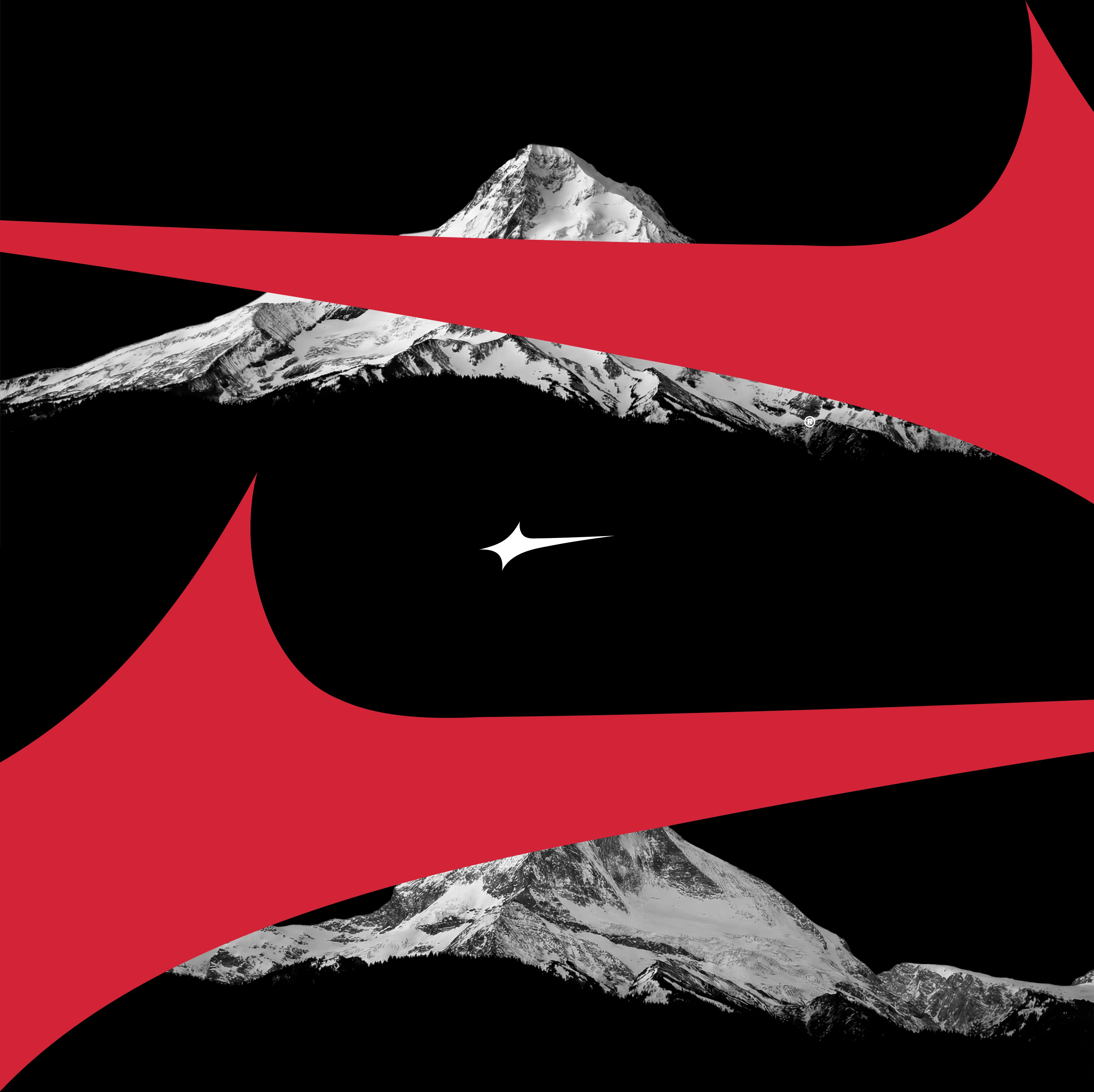 A bold graphic composition layering high-contrast red abstract curves over a black and white mountai